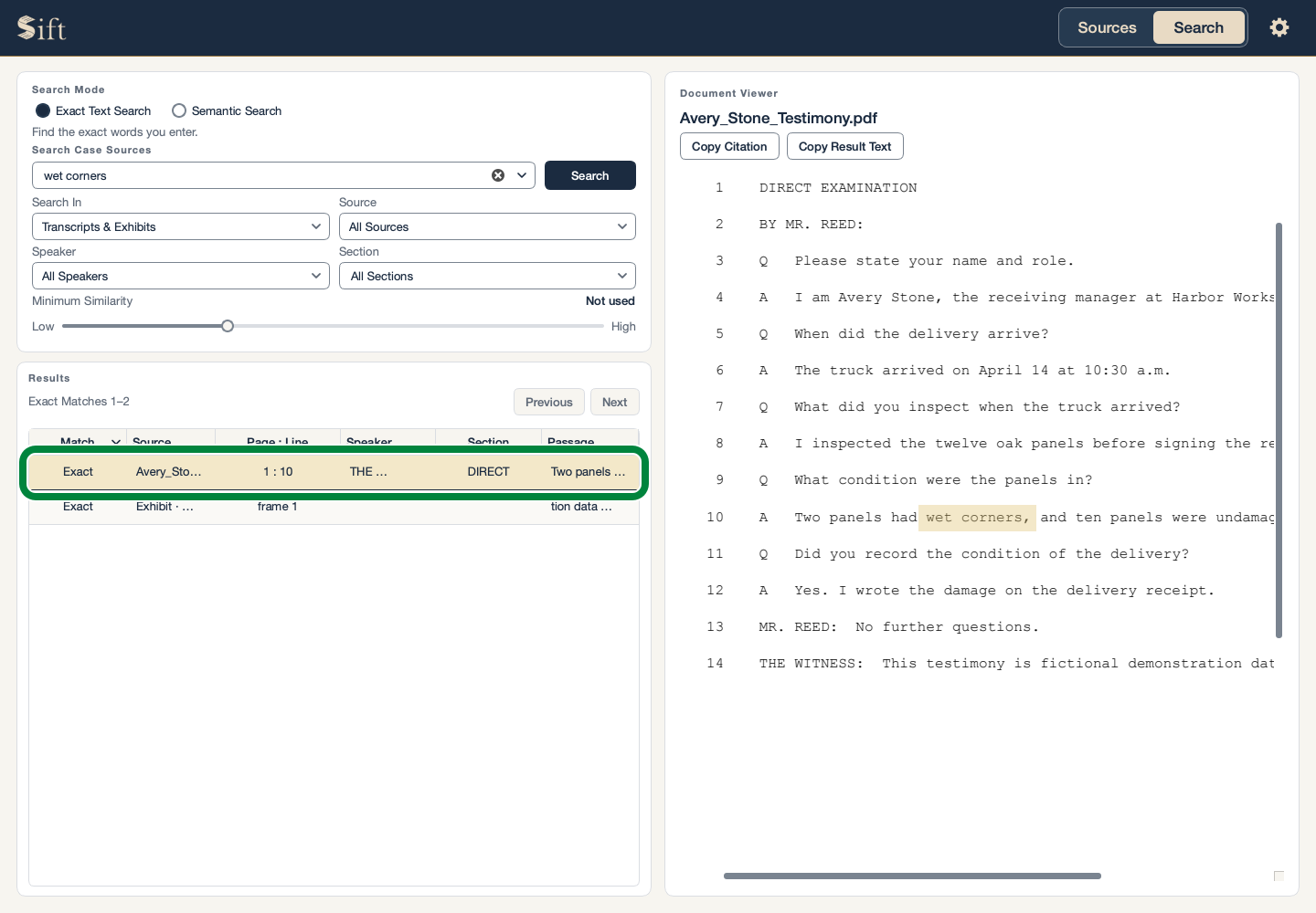 A result circled in green, with its passage visible in the Document Viewer.